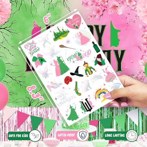 Witch Temporary Tattoos - Pink + Green 84 Pieces Foil Iridescent Design, For Good Wizard Party Favors, Birthday Witch Accessory, Kids Witch Themed Party Decorations, Party Favors