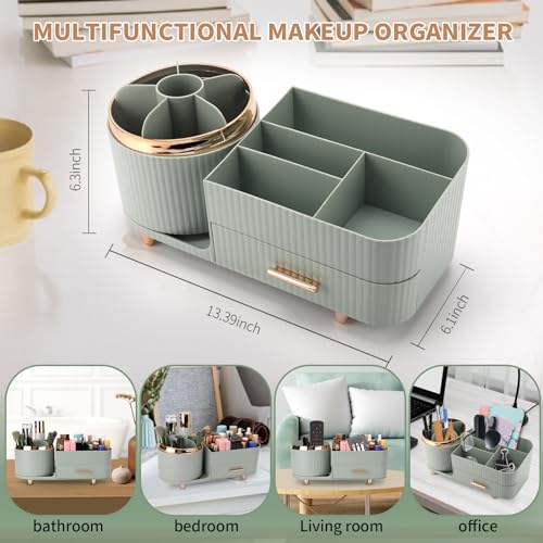 Beborxue 360¡Æ Rotating Makeup Organizer for Vanity with Drawers, Large Capacity Cosmetic Display Case, skincare organizer, Cosmetic Organizer for Lipstick, Skincare, Brushes, Eyeshadow, (Green)