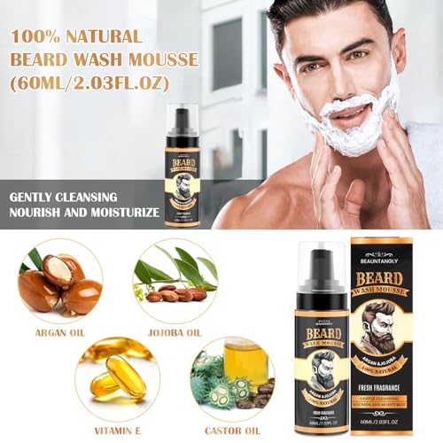Beard Grooming Set With Beard Oil, Conditioner, Balm, Shampoo Wash, 0.25MM Roller, Beard Brush, Comb, Scissor, Bag, Christmas Birthday Valentines Day Gifts for Men