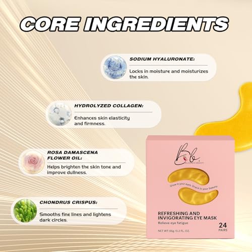 Gold Under Eye Masks ? 24 Pairs Collagen & Hydrating Gel Eye Patches for Dark Circles, Puffy Eyes, Fine Lines & Anti-Aging Skincare ? Vegan, Cruelty-Free Self Care Essentials