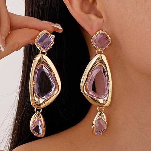 Missgrace Women Rhinestone Earrings Dangling Sparkly Purple Dangle Earrings Chandelier Earrings Tassel Large Studs Crystal Statement Earrings for Women