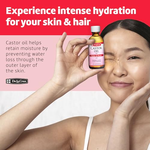 De La Cruz Castor Oil - 100% Pure Expeller Pressed Castor Oil for Nourishing Skin, Hair, Eyelashes, and Eyebrows - Natural Laxative USP Grade, 2 FL Oz (2 Bottles)