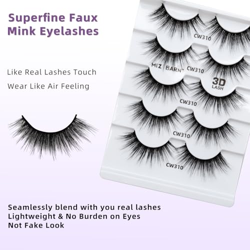 Miz Barn Lashes 3D Cashmere Long Extension Eyelashes Natural Look Soft Reusable False Eyelashes Multipack Wispy Fake Eyelashes 5 Pairs Natural Strip Lashes (CW310)
