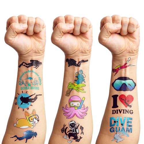 96PCS Cool Scuba Diving Temporary Tattoos Ocean Summer Beach Birthday Party Favors Decorations Supplies Decor Underwater Sports Tattoo Stickers Gifts For Kids Diver Boys Girls School Prizes Carnival