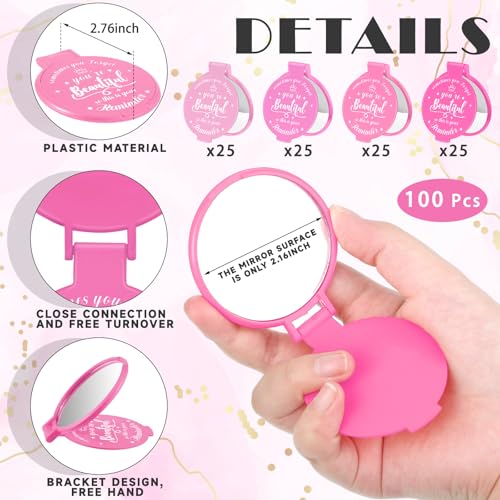 100 Pcs 2.76 Inch Inspirational Compact Mirror Bulk Women Small Gifts Graduation Party Favors Purse Mirror Pocket Mini Stuffer Items for Adult Coworker Cheerleader Employee (Pink Series)