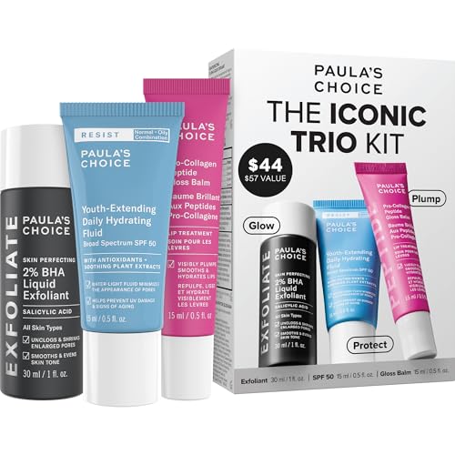 Paula¡¯s Choice The Iconic Trio Kit, Travel 2% BHA Liquid Exfoliant, Travel SPF 50 Moisturizer, Full Sized Peptide Gloss Balm, Complete Glow and Lip Care Set