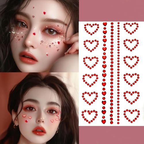 Valentine's Day Face Jewelry Body Face Rhinestone Temporary Tattoo Sticker Set Red Heart Face Gems for Women Girls Festive Face Stickers for Valentine's Day (Red Heart)