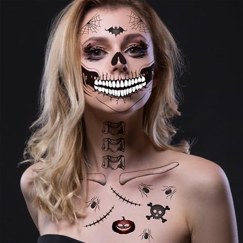 Halloween Face Eye Tattoo Stickers Black Butterfly Eye Shadow Devil Face Skeleton Mouth Spider Web Temporary Tattoo Stickers for Makeup Halloween Masquerade Carnival Party Face Decoration 14 Sheets