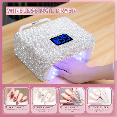 220W UV LED Nail Lamp, UV Light for Gel Nails, Wireless Rechargeable Professional Curing Lamp, with Portable Handle and Sparkly Rhinestones, LCD Display, Easy to Carry for Salon & Home