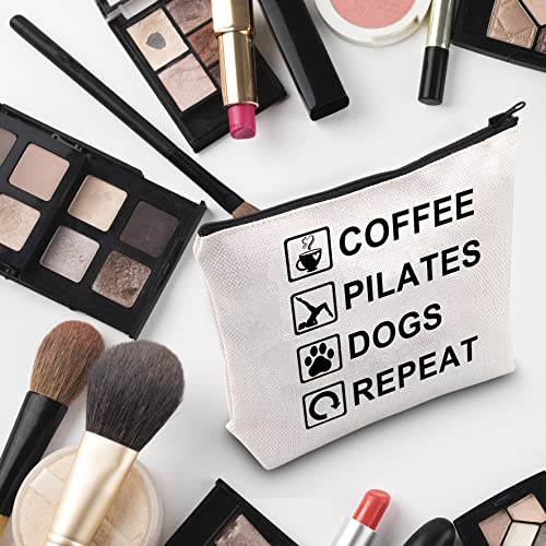 G2TUP Coffee Pilates Dogs Repeat Makeup Bag Coffee Pilates Dog Lover Cosmetic Bag Pet Owner Gift Coffee Dog Pilates Themed Zipper Travel Pouch (Coffee Pilates Dogs Repeat White Bag)