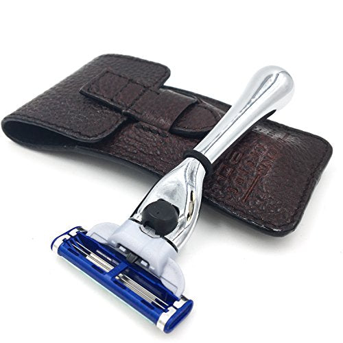 Parker Travel Razor ? Compatible with Gillette¢ç Mach3¢ç Cartridges ? Compact Chrome Brass Handle with Premium Buffalo Leather Case for Men¡¯s Grooming & Travel