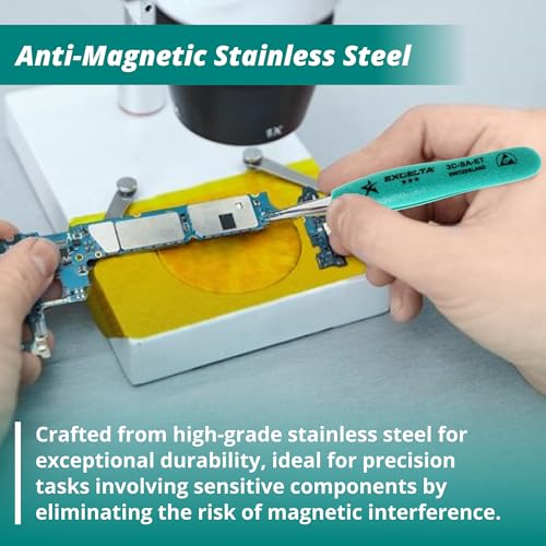 Excelta 3C-SA-ET Straight Very Fine Precision Pointed Tweezers, Ergo-Tweeze TealShield Soft Cushioned Grips, Anti-Magnetic Neverust Stainless Steel, 4.75¡± Long, Swiss Made, Professional