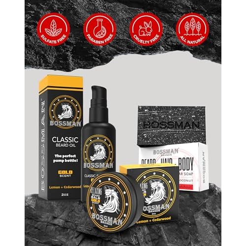 Bossman Starter Beard Kit for Men ? Beard Oil (2 oz), Beard Balm & Bar Soap ? Natural & Organic Grooming Kit ? Made in the USA Men Gift Set (Gold Scent)