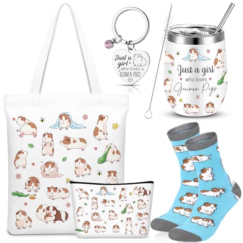Geiserailie 5 Pcs Christmas Guinea Pig Lover Gifts for Women Include Just a Girl Who Loves Guinea Pigs Tote Bag, Makeup Bag, Keychain, Animal Tumbler, Socks for Women Animal Lovers Xmas Birthday Gift