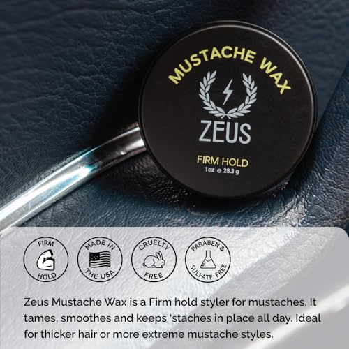 ZEUS Firm Hold Mustache Wax for Men, All-Day Hold & Moisturizing Grooming Mustache Wax with All Natural Ingredients & Application Pick (Made in USA) 1 oz.