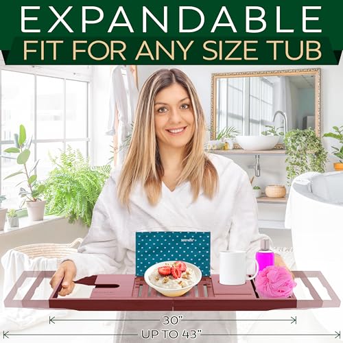 SereneLife Premium Bathtub Tray Caddy with Gift Box and Bow Set, Expandable Bath Tray, Unique House Warming Gifts for Mom, Women, Wedding, Anniversary, Bridal Shower, Fit for All Tub - Stain Brown