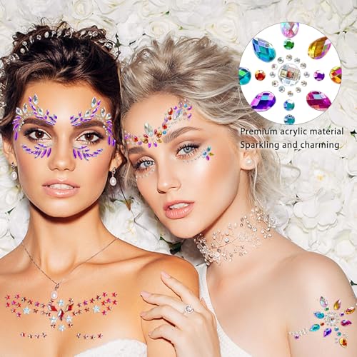 12 Sets Face Jewels Gems Mermaid Glitter Rhinestone Crystal Stickers Waterproof Eyes Temporary Tattoos for Party, Rave Festival, Carnival, Holiday Costumes, Accessories