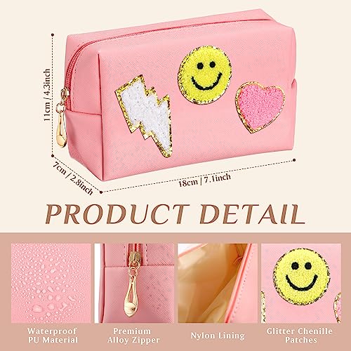 Silkfly 15 Pcs Preppy Patch Makeup Bag Bulk End of the Year Teacher Gifts Bulk Cosmetic Toiletry Bag Smile Lightning Heart PU Leather Portable Waterproof Makeup Cosmetic Purse for Women(Pink)