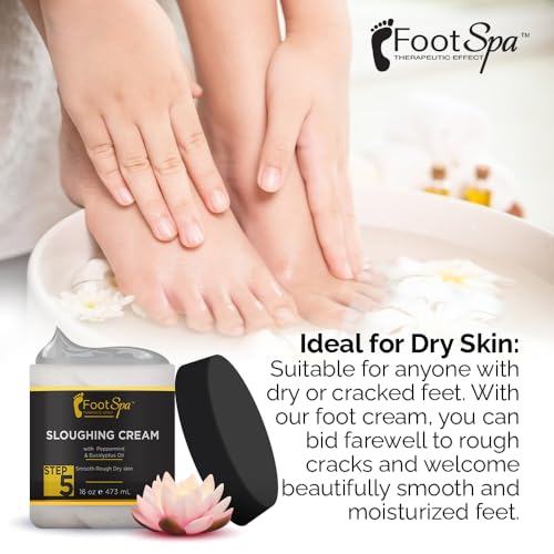 FOOT SPA - Foot Cream, Sloughing Lotion, Peppermint and Eucalyptus Oil, 16 Oz - for Dry Cracked Feet, Scrub Gently, Exfoliating, Smooths and Eliminates Buildup of Dead Skin
