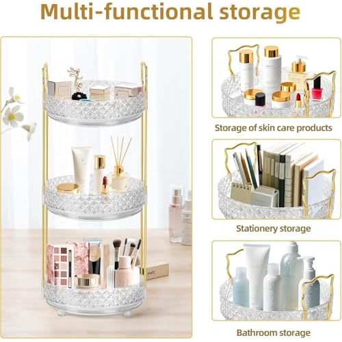 360 Rotating Rotating Makeup Organizer for Vanity, 3 Tier Perfume Skincare Organizers and Storage for Bathroom Countertop, Clear Spinning Counter Cosmetic Holder for Dresser,Clear