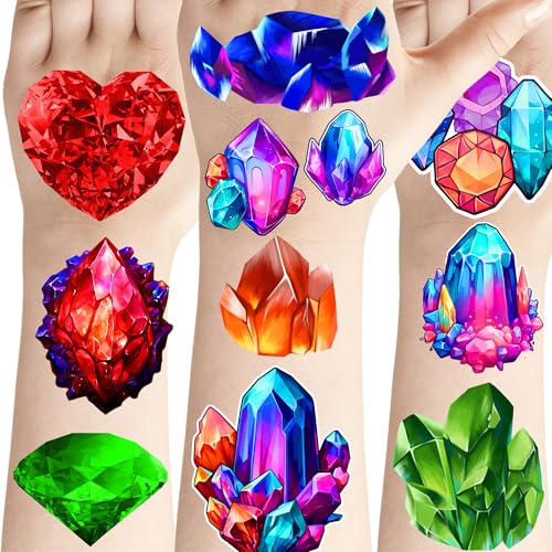 168 Pcs Gem Theme Tattoos Temporary Stickers Geology Crystal Diamond Birthday Party Favors Supplies Decorations Tattoo
