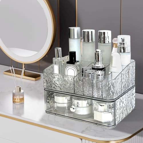 CrazyHome Makeup Organizer Countertop | Cosmetic Organizer for Vanity | Clear Organizers for Skincare, Lipstick 3-in-1 Makeup Storage Combo with Rotating Brush Holder & Stackable Drawer Box