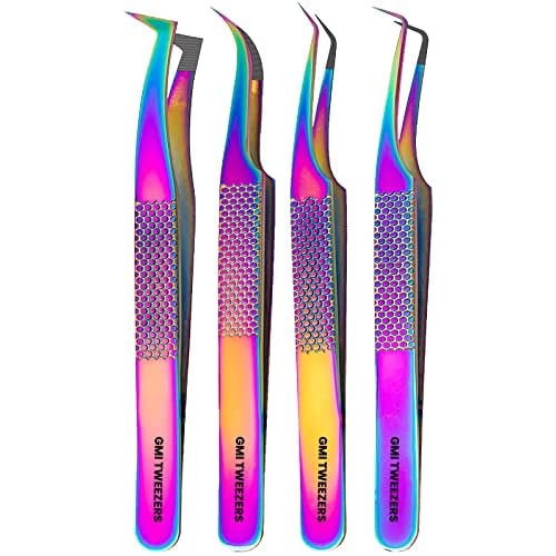 Fiber Tip Lash Tweezers- Pack of 4 Eyelash Extension Tweezers Professional- Lash Tweezers.