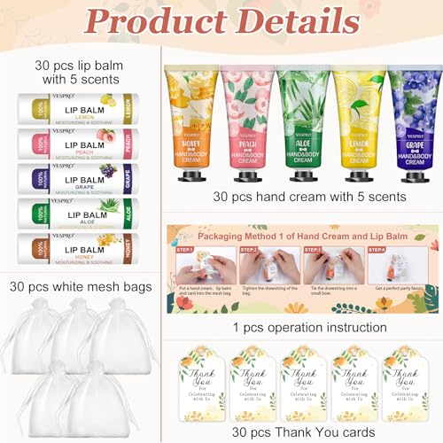 30 Pack Bulk Hand Cream and Bulk Lip Balm Sets, Easter Basket Stuffers, Wedding Favors for Guests with Thank You Card and Organza Bags, Mothers Day Gifts, Teacher Appreciation Gifts and Nurse Gift