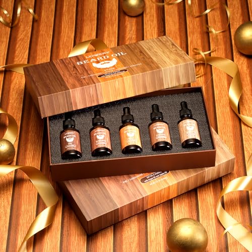 LOVERY (5 Pack Beard Oil for Men, Natural Mens Beard Oil Kit Variety Set - Sandalwood, Vanilla, Cedarwood, Pine, Unscented, W Argan & Jojoba Oil, Mens Beard Softener Grooming Gifts for Him