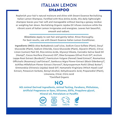 Desert Essence Italian Lemon Clarifying Shampoo with Lemon Peel Oil & Aloe, Vegan, Gluten-Free, No Artifical Fragrances, 8 fl oz