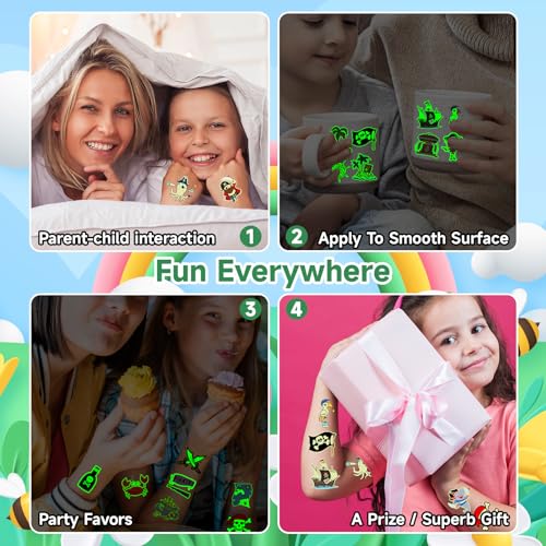 EMOME Glow Temporary Tattoos for Kids, Kid Tattoos for Party Favors Decorations Supplies, Cute Tattoo Sticker Goodie Bag Stuffers Boys and Girls (Pirate)