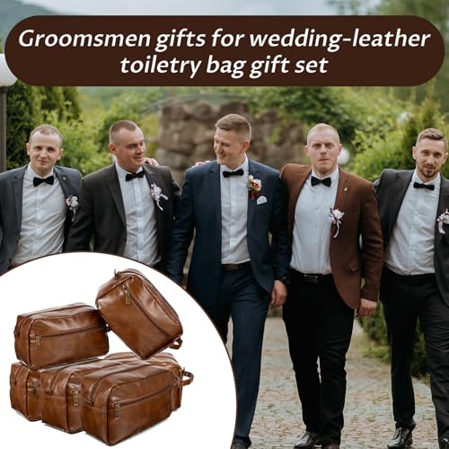 6Pcs Leather Toiletry Bags for Men, Water Resistant Groomsmen Gifts Set Men's Travel Shaving Kit Wedding Proposal Gift for Best Man Father (Brown)