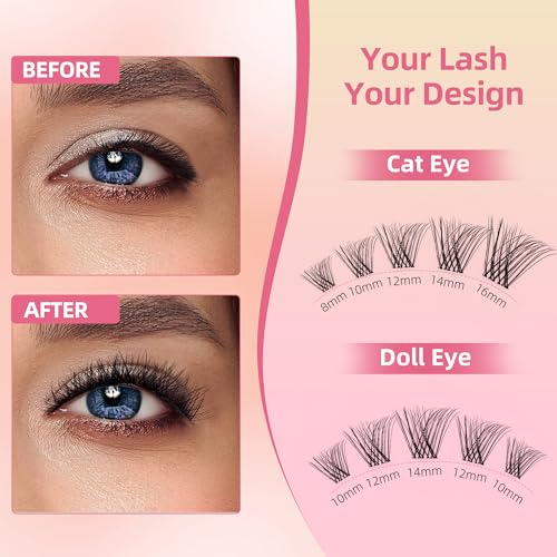 Natural Wispy Soft Lash Clusters with 0.05mm Invisible Band, C Curl 8-16mm, DIY Salon Effect Lightweight Lash Extensions, FayJoo AIRY 11 Lash Only