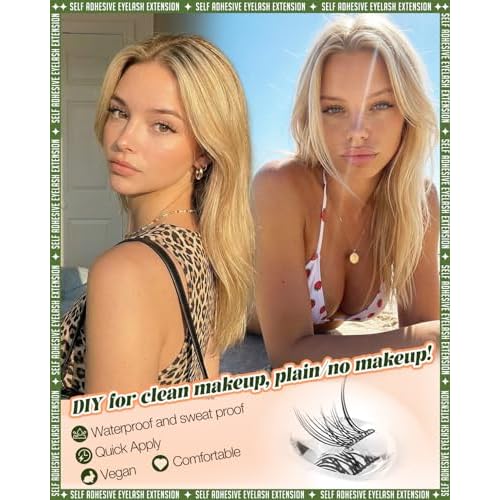 Short Self Adhesive Lash Clusters 8-10-12mm Natural Self Adhesive Eyelashes Pre Glued Individual Cluster Eyelash Extension Ultra-Thin Band Glueless Lashes Wispy No Glue Needed for Clean Beauty
