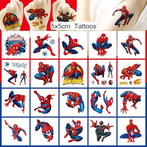 20 Sheets Spiderman Temporary Tattoos for Teen, Cool Birthday Party Favors, Cute Cartoon Decoration Sticker Gifts for Adult Home Activity Class Prizes Carnival Christmas Rewards