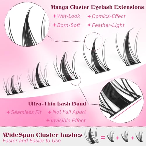 Fairy Lash Clusters Kit 8-16mm Manga Eyelash Clusters with 5-6mm Bottom Lashes C-curly Lash Extension Kit Spiky Anime Individual Lashes DIY Cluster Eyelash Extensions Kit Natural Thin Band Lash Kit