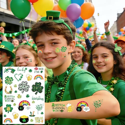 160pcs St Patricks Day Temporary Tattoos Glitter Shamrock Face Tattoos Clover Body Stickers for Irish Party Favors Parades Accessories Saint Patricks Day Decorations(st160)