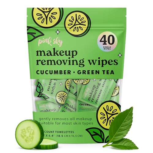 Pink Sky Makeup Remover Wipe for Face - Ultra Soft, Mini Makeup Wipes Individually Wrapped, Travel Makeup Wipe, Gently Cleanse & Remove, 40 Count (40 Wipes, CUCUMBER & GREEN TEA)