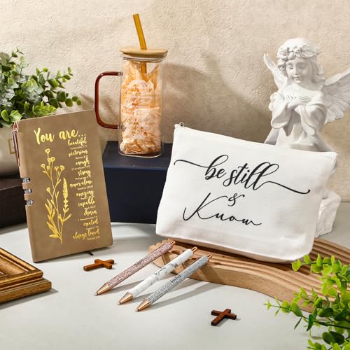 Skylety 6 Pcs Christian Gifts Set for Women Friend Sister Mom Prayer Journal with Pens Cup Bag Bible Study Supplies for Birthday Easter Mother's Day Church Office Gifts(Brown)