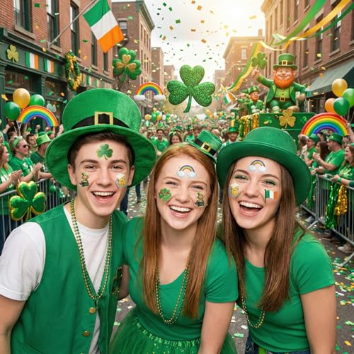 St Patricks Day Accessories Glitter Shamrock Stickers ? 8 Sheet Shamrock Temporary Tattoo St. Patrick¡¯s Face Stickers for Body & Face, Party Favors Decorations