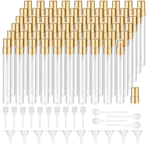 Domensi 60 Pcs 10ml Mini Perfume Bottle Fine Mist Atomizer Glass Refillable Bottles Decants Bulk for Perfumes Travel Glass Container with Atomizer Pump Kit for Toiletries Fragrance Liquid (Clear)