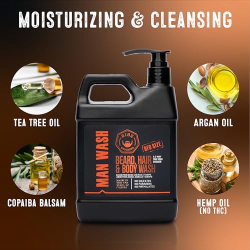 GIBS Grooming Amber 3 in 1 Body Wash For Men, Beard & Hair Moisturizing and Cleansing Liquid Body Wash Liter - Sulfate and Paraben Free