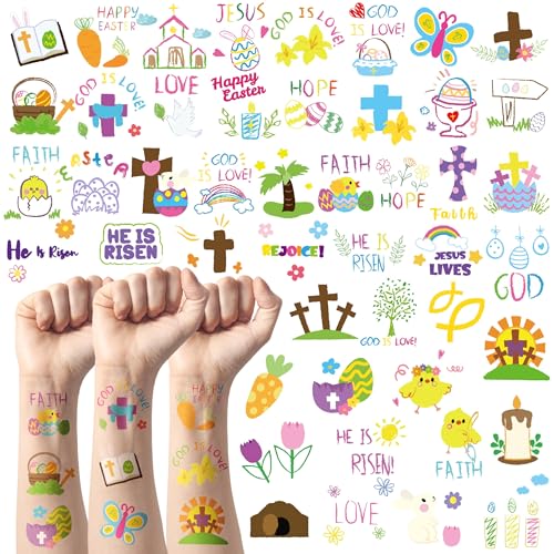 ANGOLIO 144Pcs Easter Doodles Temporary for Kids, Bible Easter Tattoos Stickers Easter Bunny Temporary Tattoos, Christian Religious Easter Cross Waterproof Body Stickers Party Favors