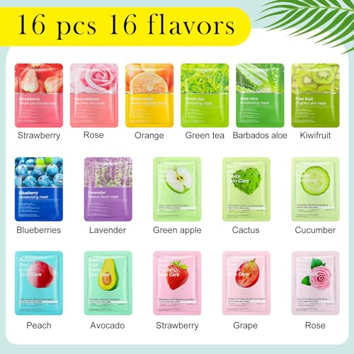16 Pcs Sheet Face Masks Skincare for Most Skin Types, Combo Essence Hydraiting Facial Mask Set for Women Skin Care, Gifts Set for Home Spa(Assorted Styles,16 Pcs)