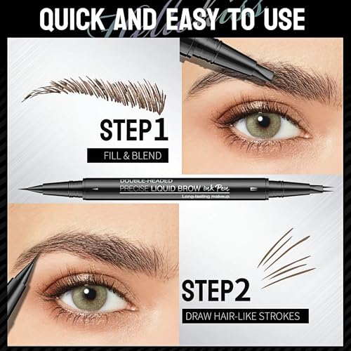 NinjaTiger Eyebrow Pencil Brow Pen - 2-Pack 2-IN-1 Dual-Ended Eye Brow Pencils 2-Fork-Tip Microblading Eyebrow Pen for Women Waterproof Eyebrow Pen with Brow Brushes Dark Brown £¦ Black Brown
