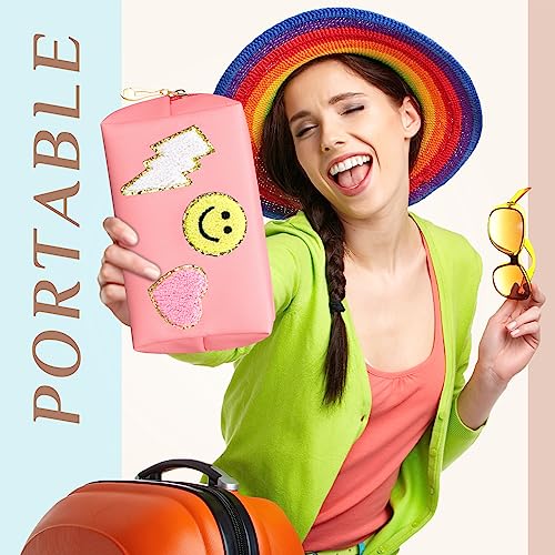 Silkfly 15 Pcs Preppy Patch Makeup Bag Bulk End of the Year Teacher Gifts Bulk Cosmetic Toiletry Bag Smile Lightning Heart PU Leather Portable Waterproof Makeup Cosmetic Purse for Women(Pink)