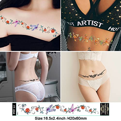 Sexy Flower Navel Tattoos 12 Sheets Long Belly Abdomen Waist Back Waterproof Temporary Tattoos Fake Body Art Stickers for Women