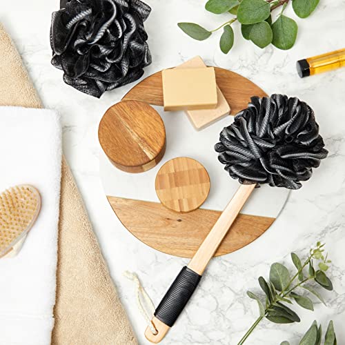 Okuna Outpost Loofah Bath Set - Long-Handle Loofah Back Scrubber - Fast-Drying Shower Poufs & Sponges - Adhesive Hook for Body Scrubber & Bathroom Essentials - Tan - Pack of 4