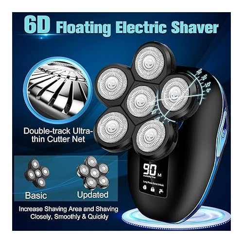 Head Shaver for Bald Men, 6-in-1 Electric Shaver for Bald Head 6D Wet/Dry Waterproof Mens Electric Razor Head Shavers Mens Grooming Kit Cordless Rechargeable Face Head Shaving Rotary Shaver