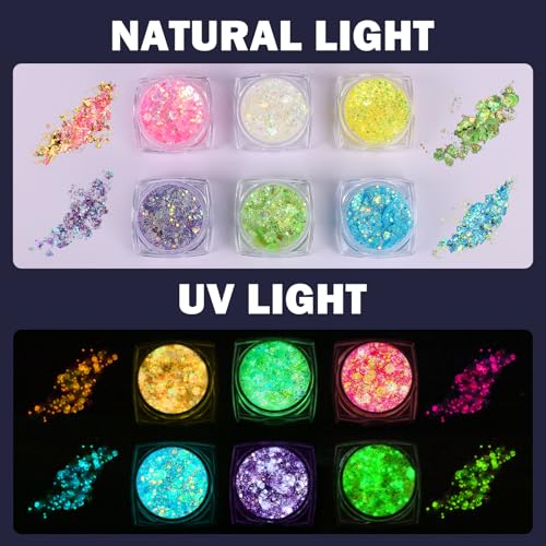 6 Colors Glow in The Dark Makeup UV Black Light Glitter Gel for Body Face Hair Eyeshadow for Raves Festivals Carnival Party